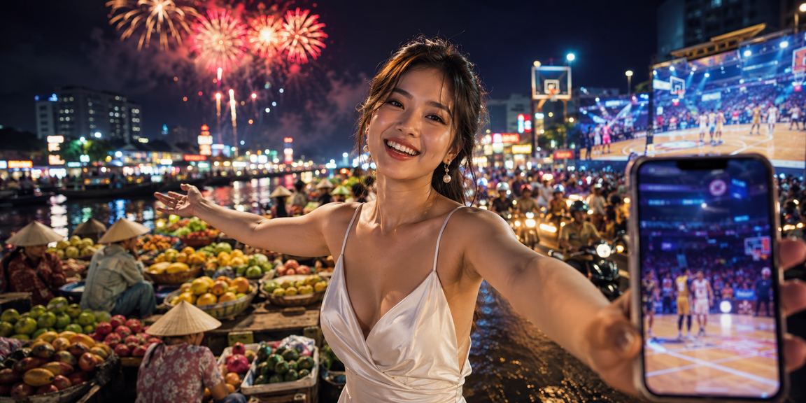 Bàn phân tích cược bóng rổ tại vùng sông Mekong với ánh đèn neon